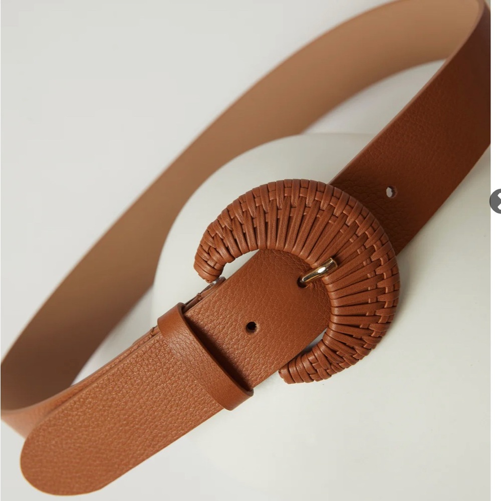 Veronica Beard Tan Woven Round Buckle Leather Belt